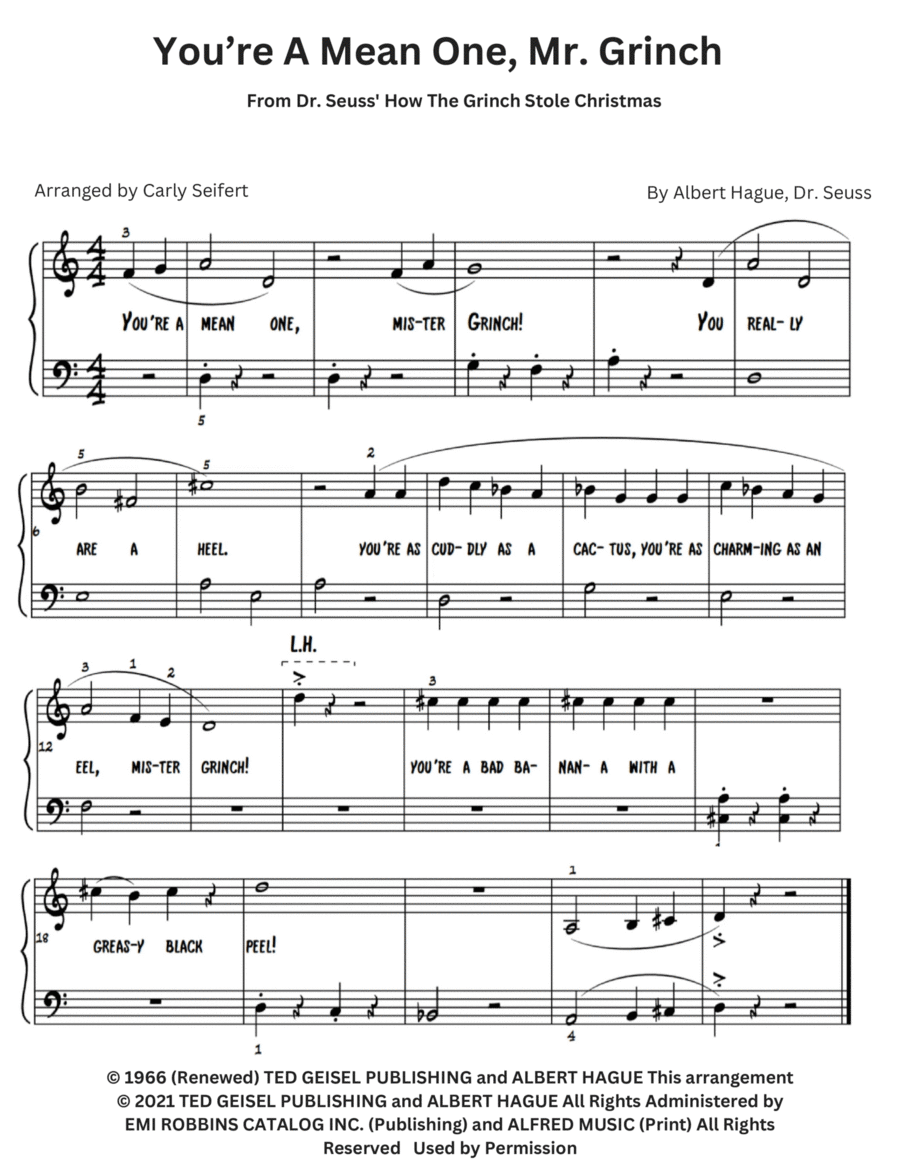 You're A Mean One, Mr. Grinch by Albert Hague Easy Piano Digital