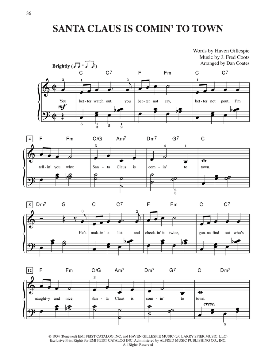 Santa Claus Is Comin' To Town (arr. Dan Coates) Easy Piano scores gallery preview page 1