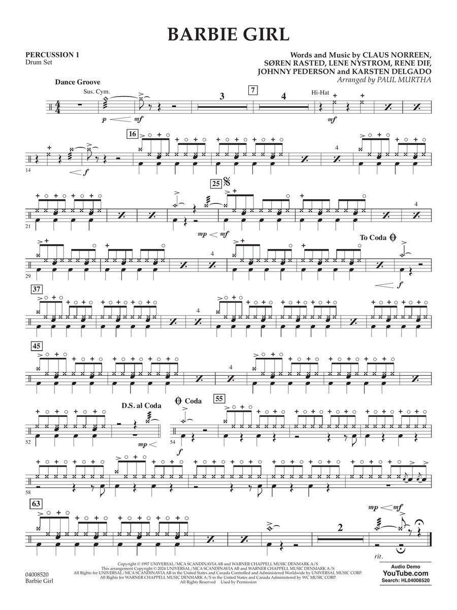 Barbie Girl (arr. Paul Murtha) - Percussion 1 Concert Band scores gallery preview page 1