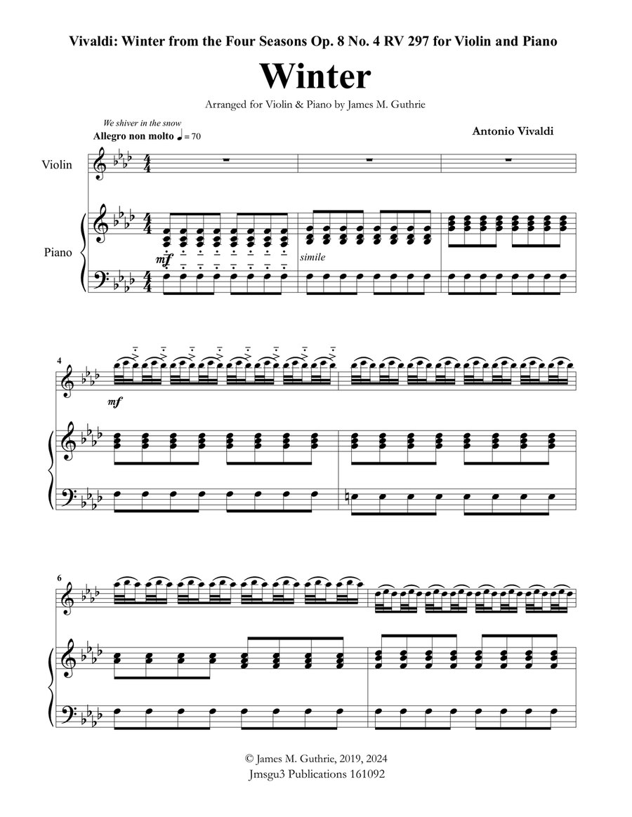 Vivaldi: Winter from the Four Seasons for Violin & Piano Violin Solo scores gallery preview page 1