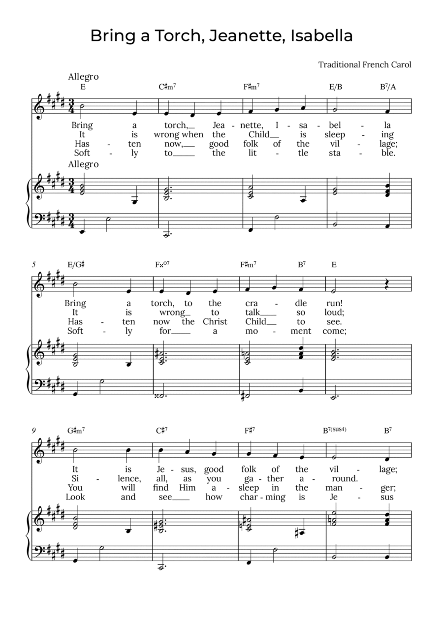 Bring a Torch, Isabella - Sobrano with chords in E, Jeanette Soprano Voice scores gallery preview page 1
