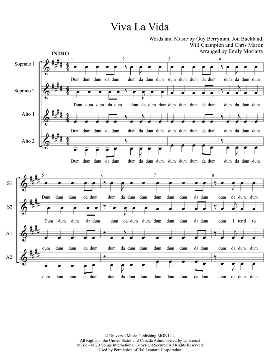 Viva La Vida Viva La Vida SSAA scores gallery preview page 1