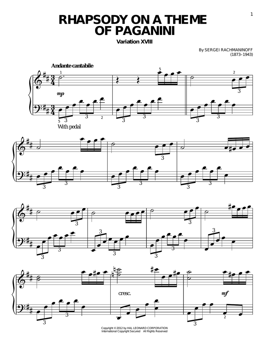 Rhapsody On A Theme Of Paganini, Variation XVIII Easy Piano scores gallery preview page 1