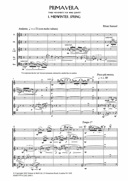Primavera. Three Movements for Wind Quintet by Rhian Samuel Woodwind Quintet - Sheet Music