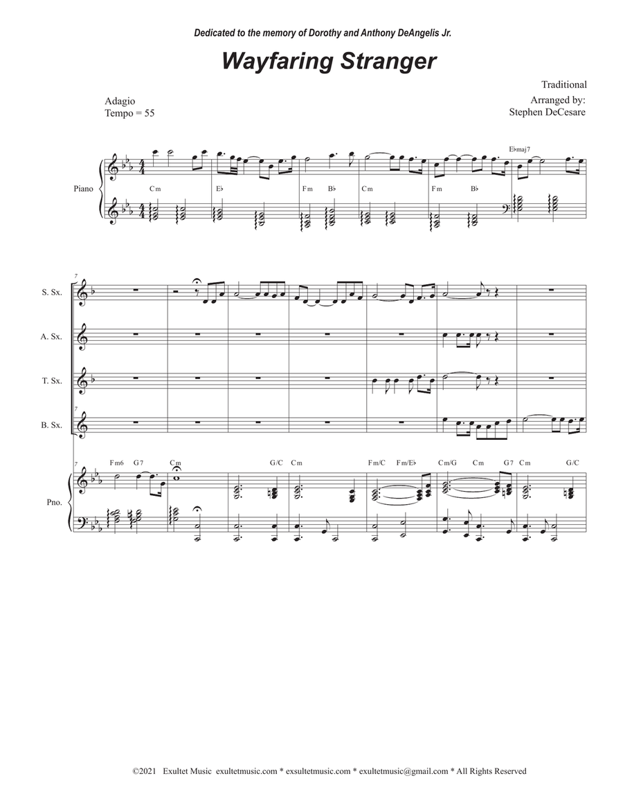Wayfaring Stranger (Saxophone Quartet and Piano) Woodwind Ensemble scores gallery preview page 2