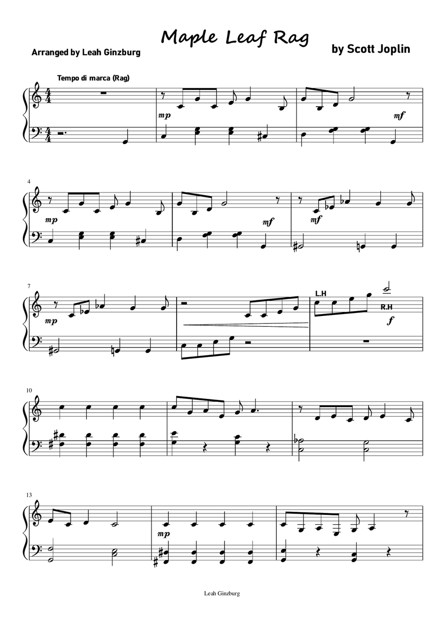 Maple Leaf Rag (Ragtime) by Scott Joplin. Easy piano version by Leah Ginzburg Easy Piano scores gallery preview page 1