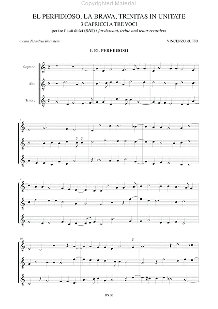 El Perfidioso, La Brava, Trinitas in Unitate. 3 three-part Capricci for Descant, Treble and Tenor Recorders 3-Part scores gallery preview page 2