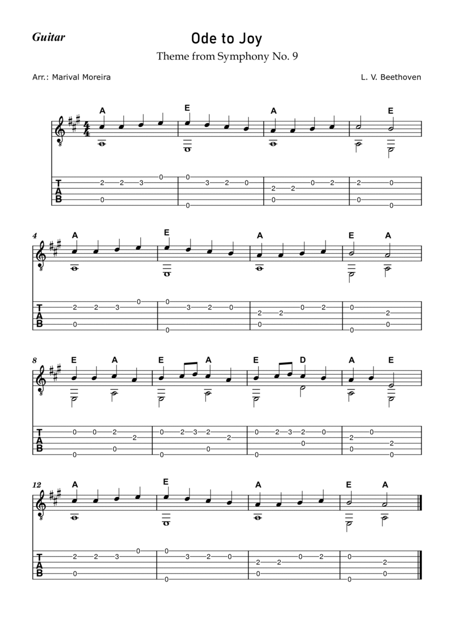 Ode to Joy - Beethoven (Beginner guitar) - Tab and Chords Acoustic Guitar scores gallery preview page 1