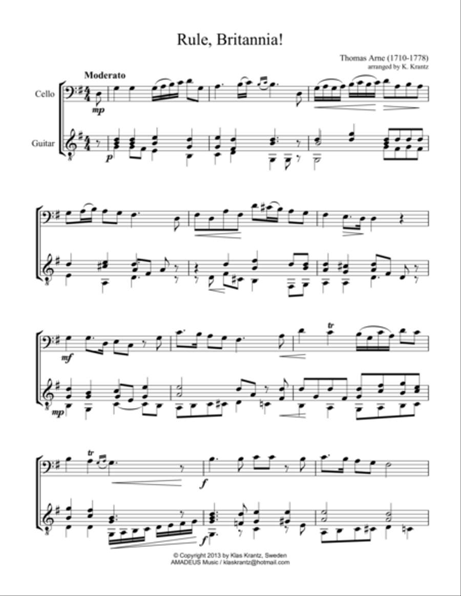 Rule Britannia! for cello and easy guitar String Duet scores gallery preview page 1