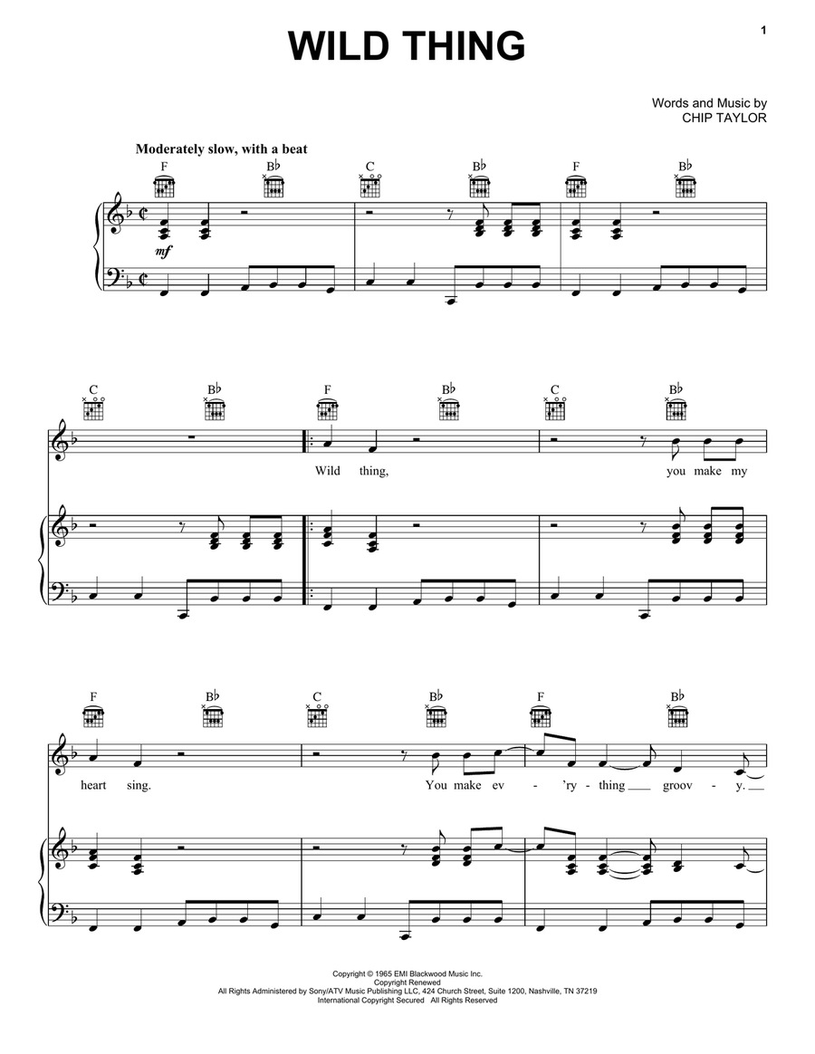 Wild Thing Piano, Vocal, Guitar scores gallery preview page 1