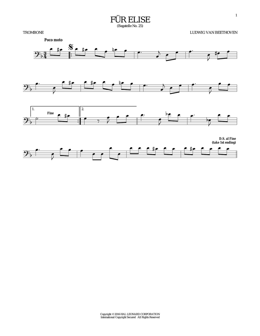 Fur Elise, WoO 59 Fur Elise, WoO 59 Trombone Solo scores gallery preview page 1