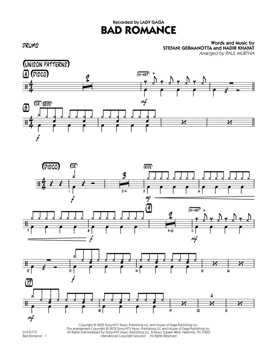 Bad Romance - Drums Bad Romance - Drums Jazz Ensemble scores gallery preview page 1