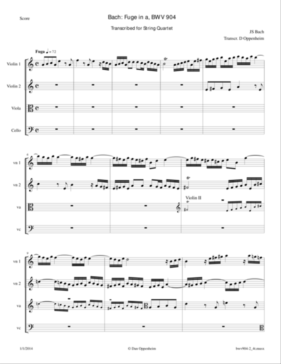 Bach: Fugue in a, BWV 904 arranged for String Quartet Bach: Fugue in a, BWV 904 arranged for String Quartet String Quartet scores gallery preview page 1