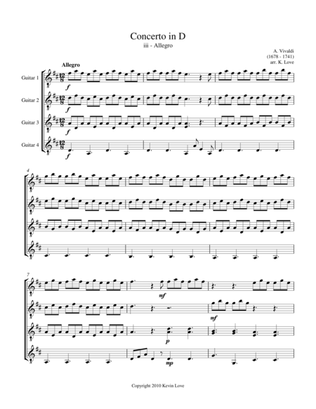 Book cover for Concerto in D - iii - Allegro (Guitar Quartet) - Score and Parts