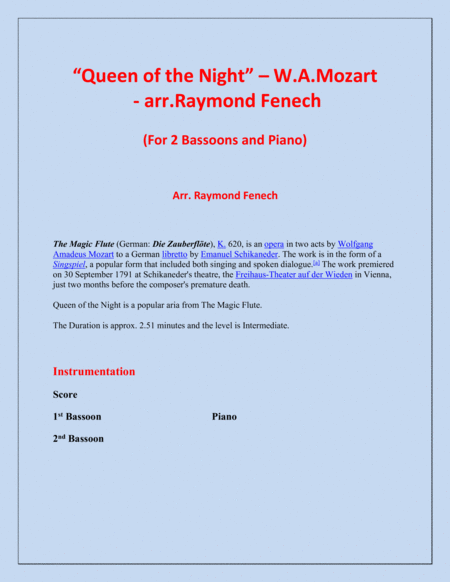 Queen of the Night - From the Magic Flute - 2 Bassoons and Piano image number null
