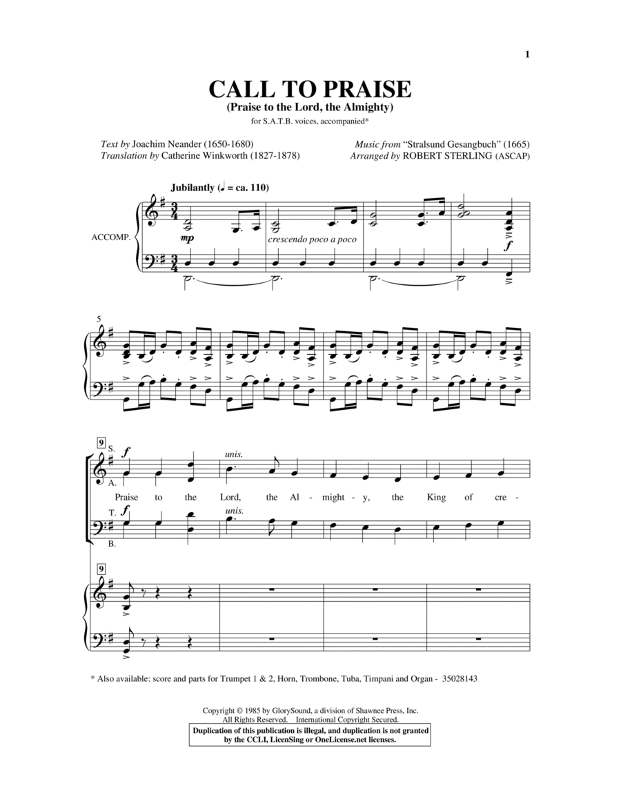 Praise To The Lord, The Almighty 4-Part scores gallery preview page 1