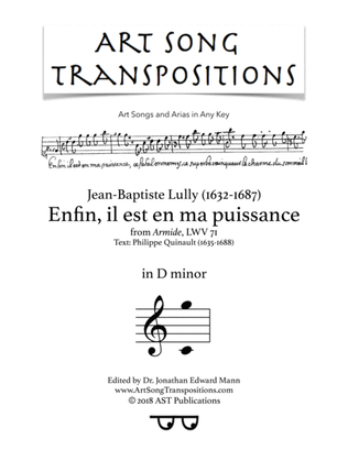 Book cover for LULLY: Enfin, il est en ma puissance (transposed to D minor)
