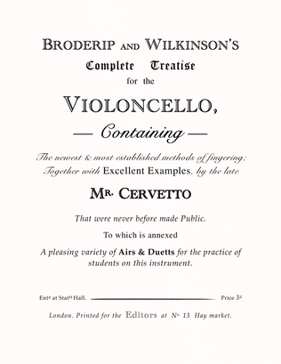 BRODERIP AND WILKINSON’S Complete Treatise for the VIOLONCELLO