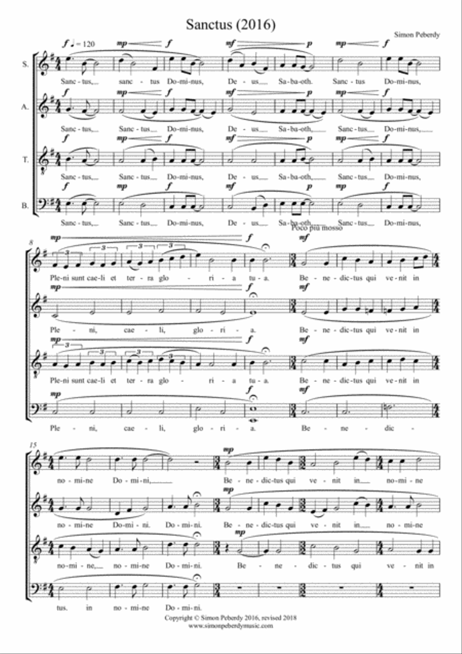 Sanctus (2016) (in Latin) in E minor for SATB choir, by Simon Peberdy 4-Part scores gallery preview page 5
