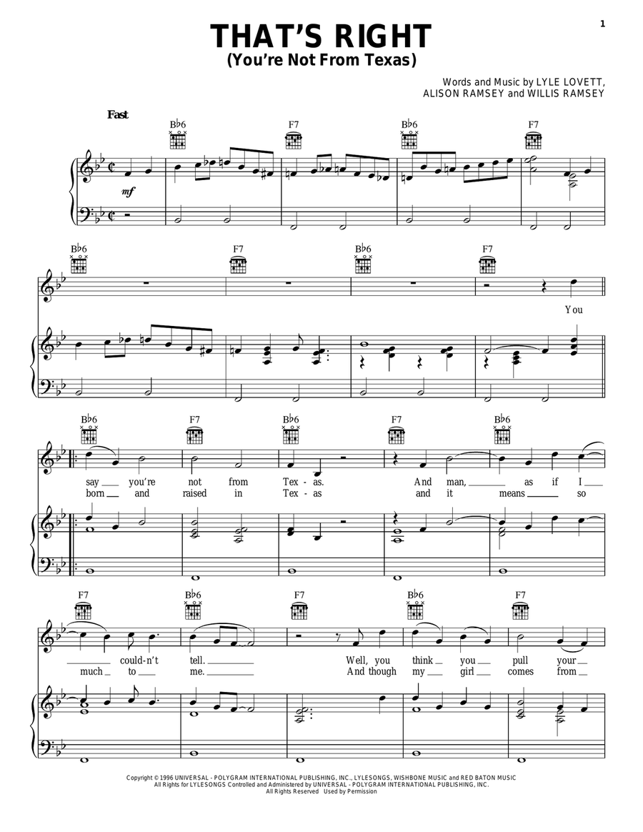 That's Right (You're Not From Texas) Piano, Vocal, Guitar scores gallery preview page 1