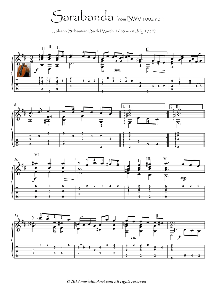 Bach for Guitar Sarabande BWV 1002 Bach for Guitar Sarabande BWV 1002 Acoustic Guitar scores gallery preview page 1