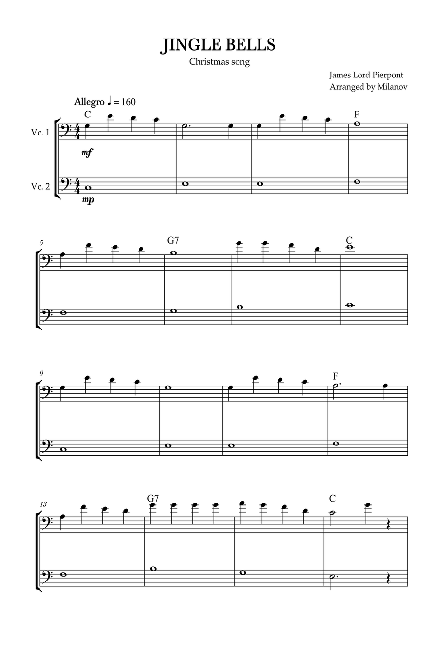 Jingle Bells | Pierpont | Christmas song | cello duet | easy | chords | C Major String Duet scores gallery preview page 1
