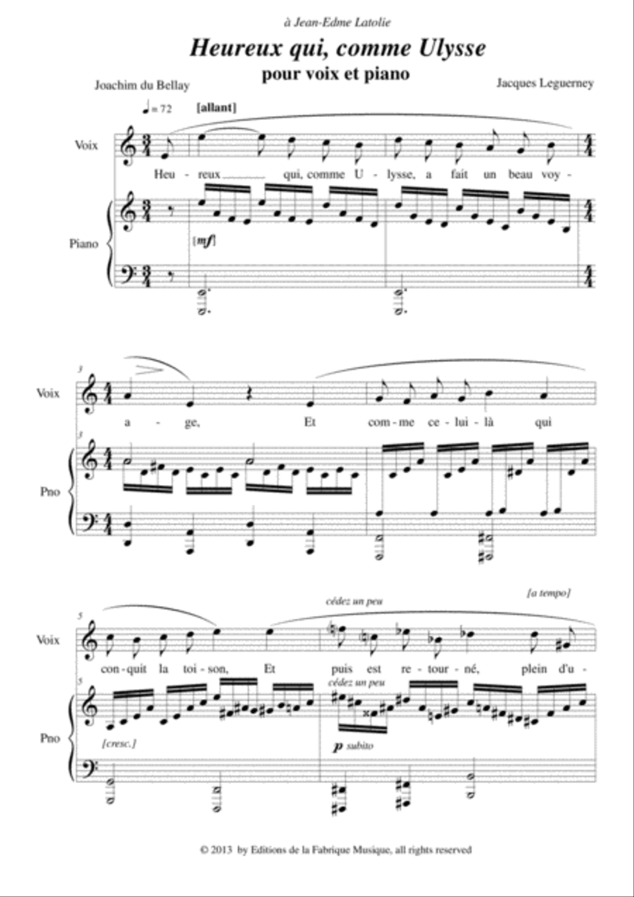 Jacques Leguerney: Heureux qui, comme Ulysse for voice and piano Voice Solo scores gallery preview page 2