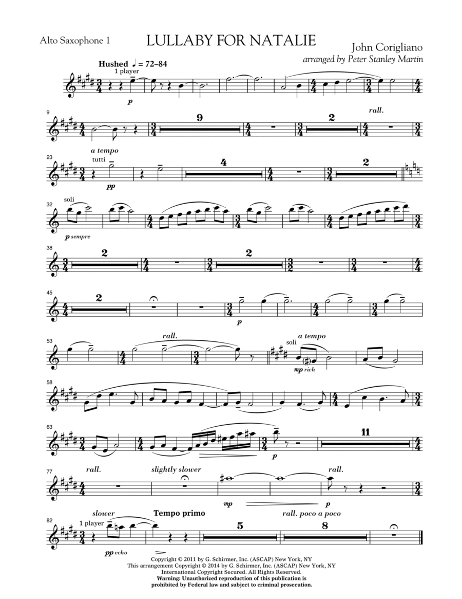 Lullaby for Natalie (arr. Peter Stanley Martin) - Eb Alto Saxophone 1