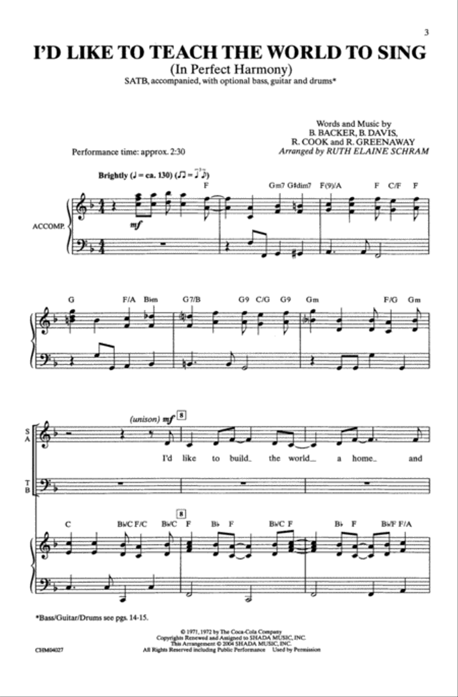 I'd Like to Teach the World to Sing (In Perfect Harmony) 4-Part scores gallery preview page 2