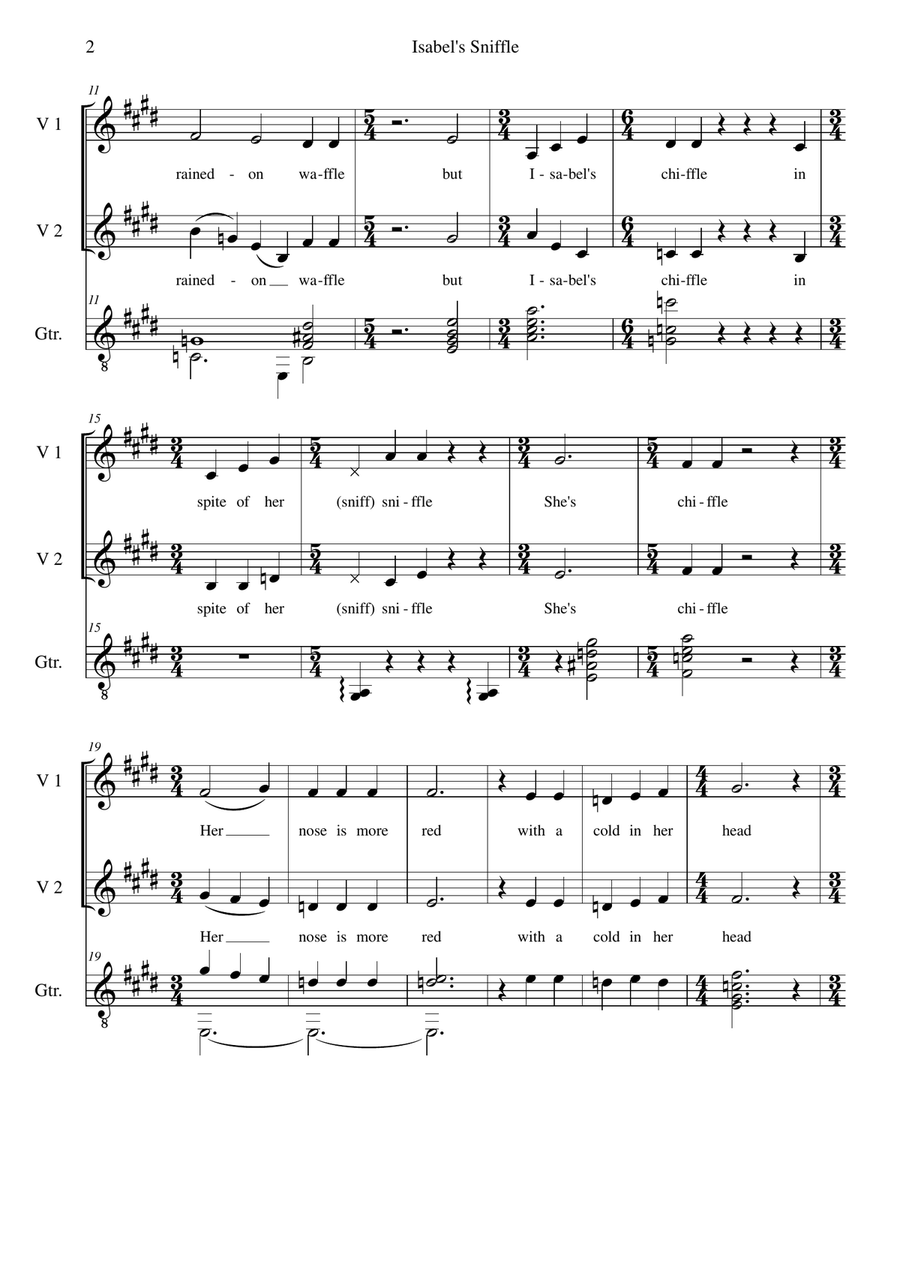 Isabel's sniffle for 2 altos and guitar Vocal Duet scores gallery preview page 2