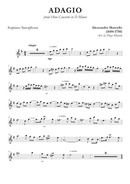 Marcello's Adagio for Soprano Saxophone and Piano image number null