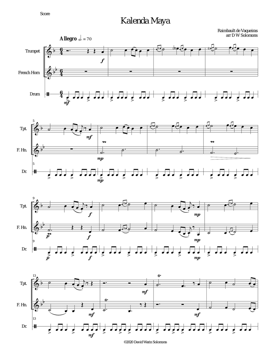 Kalenda Maya for trumpet, horn and drum Small Ensemble scores gallery preview page 1