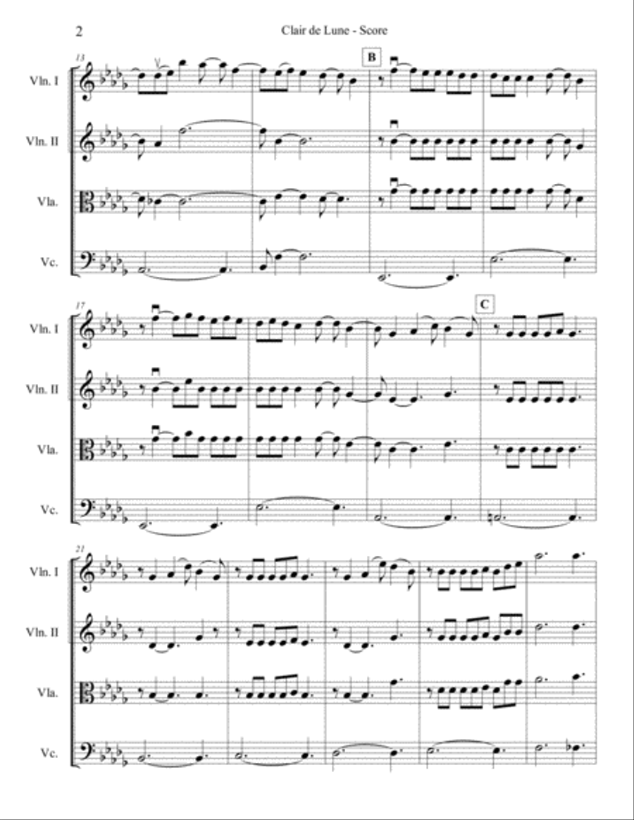 Claire de Lune in Db for String Quartet String Quartet scores gallery preview page 2