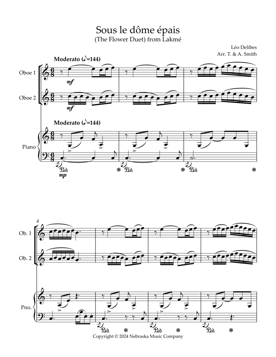 Sous le dôme épais (The Flower Duet) from Lakmé for Two Oboes (or Flutes) and Piano Flute scores gallery preview page 1