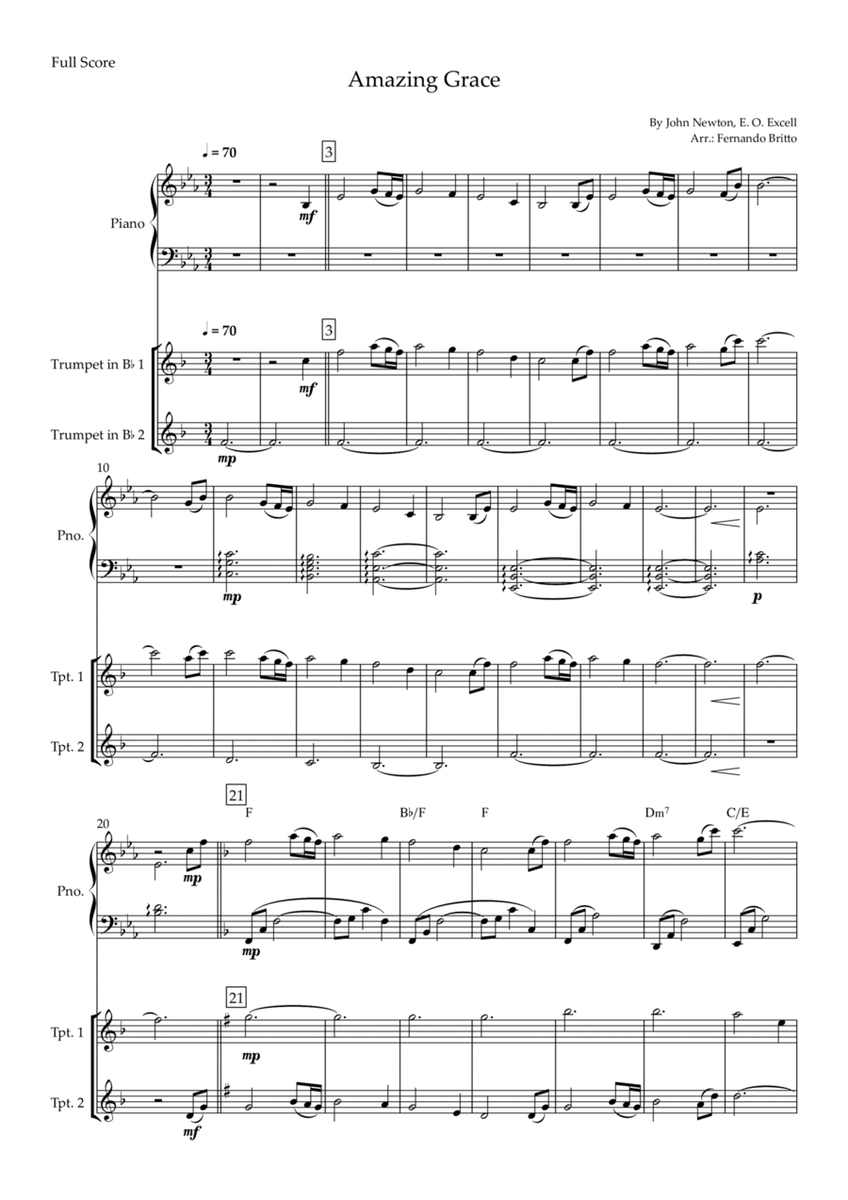 Amazing Grace (John Newton, E. O. Excell) for Trumpet Duo and Piano Accompaniment with Chords image number null