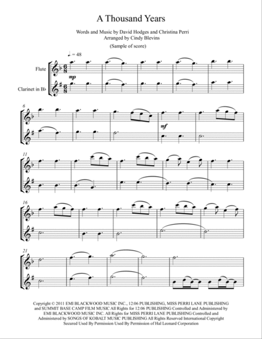 A Thousand Years Woodwind Duet scores gallery preview page 2