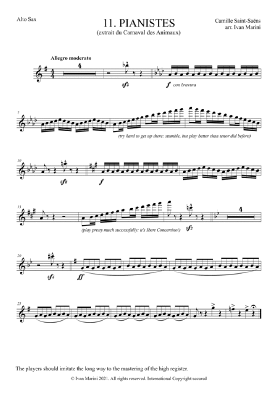THE CARNIVAL OF THE ANIMALS for Saxophone Quartet - 11. Pianistes (Pianists) Saxophone Quartet scores gallery preview page 3