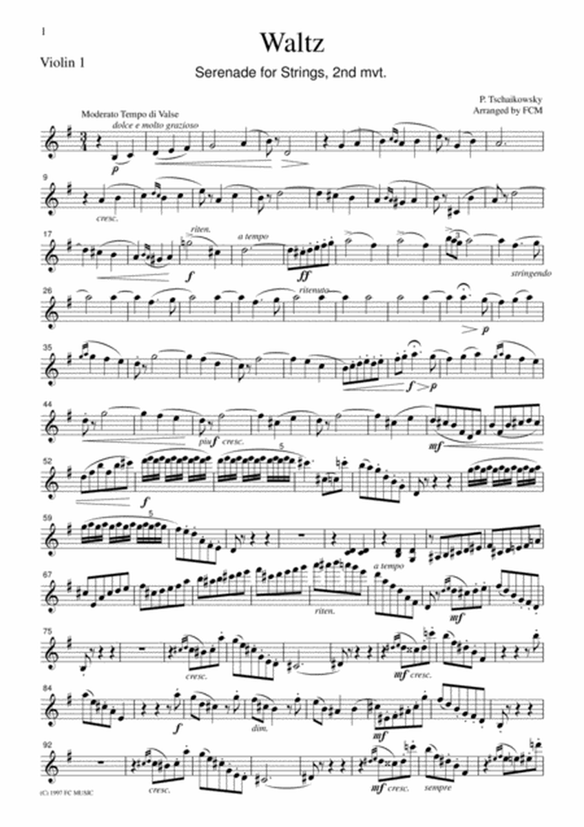 Tchaikowsky Waltz (Serenade for Strings, 2nd mvt.), for string quartet, CT001