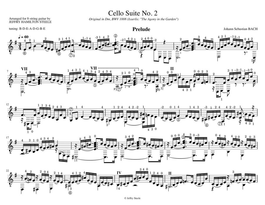 Cello Suite No. 2, BWV 1008, arranged for 8-string guitar Classical Guitar scores gallery preview page 1