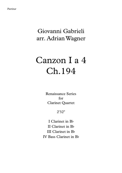 "Canzon I a 4 Ch.194" (Giovanni Gabrieli) Clarinet Quartet (B.Cl.) arr. Adrian Wagner image number null
