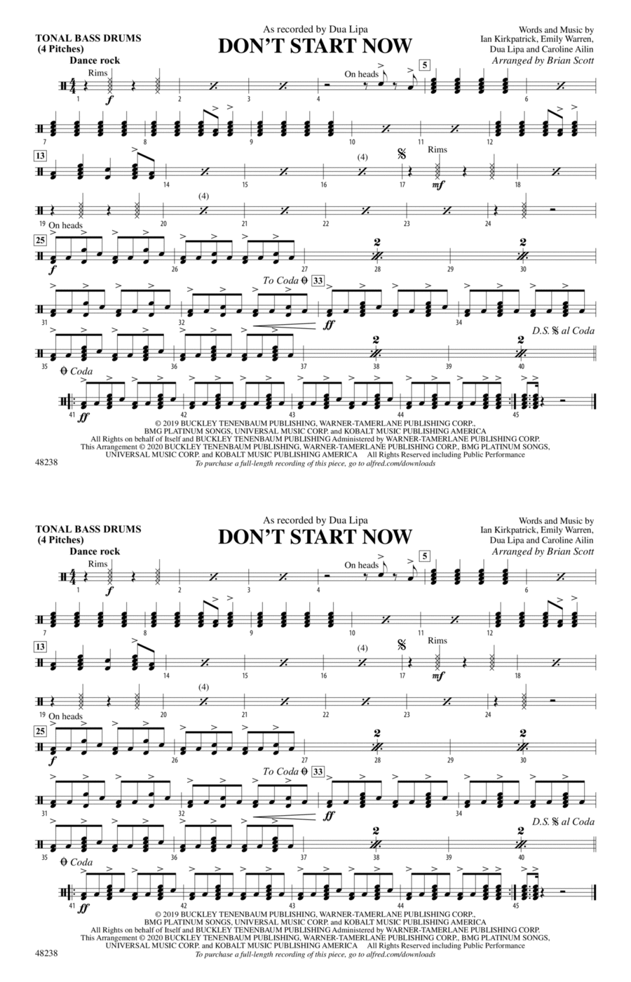 Don't Start Now: Tonal Bass Drum Marching Band scores gallery preview page 1