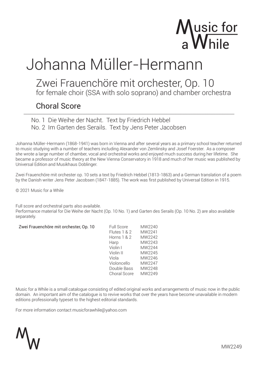 Johanna Müller-Hermann - Zwei Frauenchöre mit orchester, Op. 10 for female choir and chamber orch
