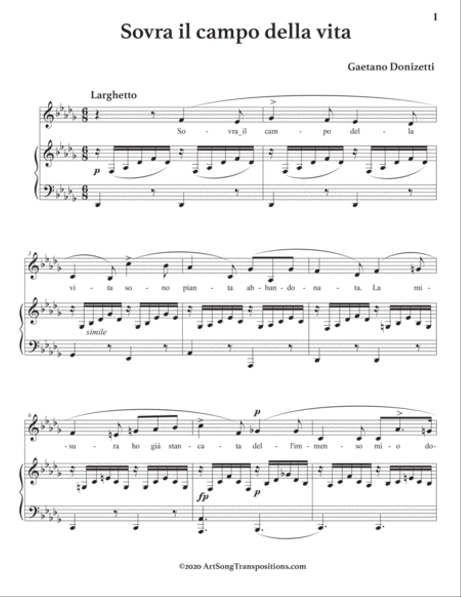 DONIZETTI: Sovra il campo della vita (transposed to D-flat major) Voice scores gallery preview page 2