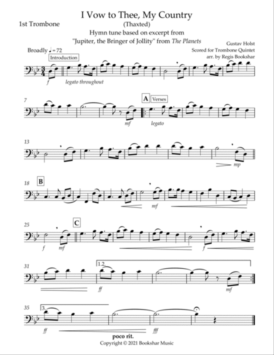 I Vow to Thee, My Country (Thaxted) (Bb) (Trombone Quintet) Brass Ensemble scores gallery preview page 5