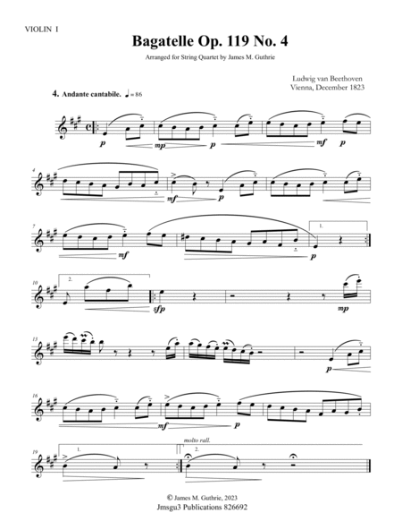 Beethoven: Bagatelle: Op. 119 No. 4 for String Quartet image number null