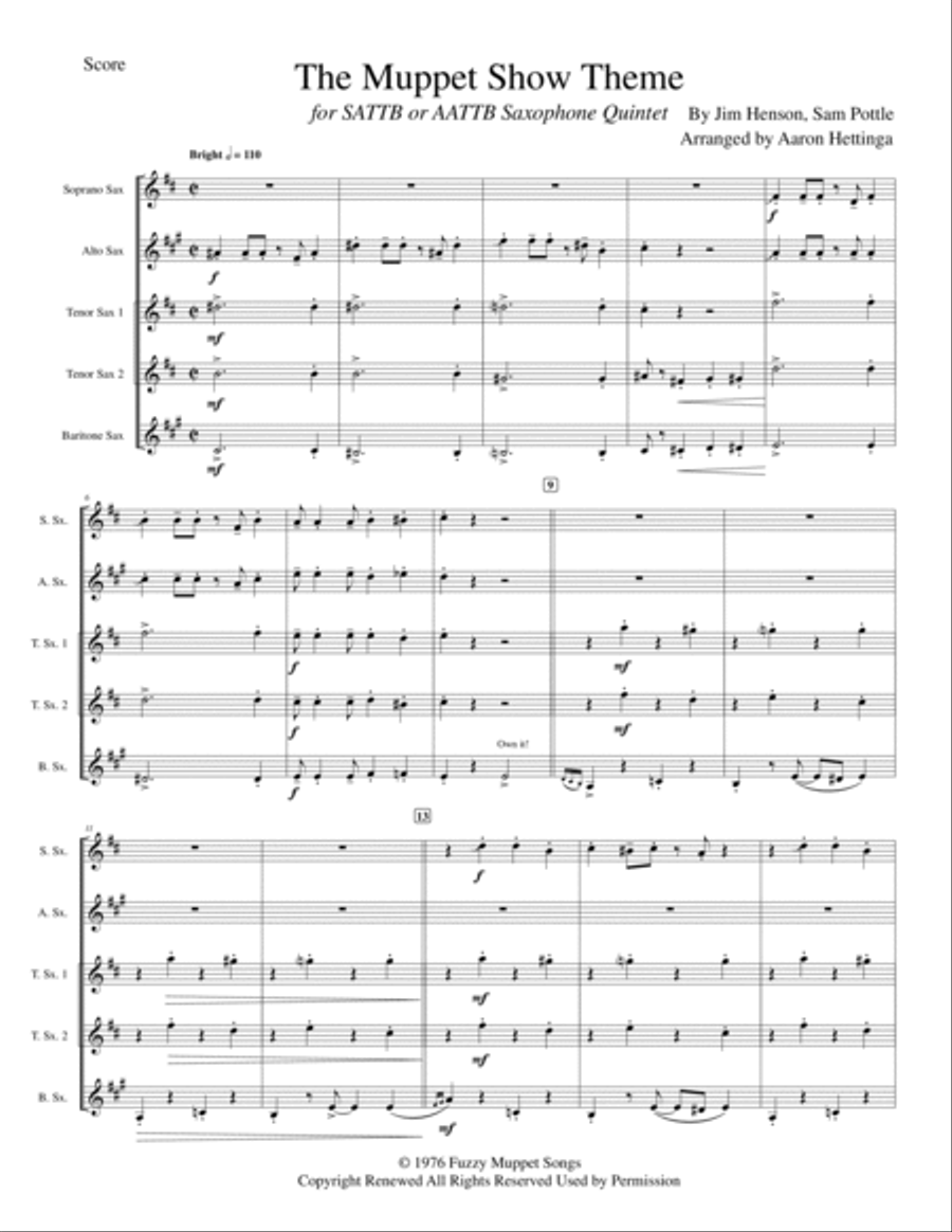 The Muppet Show Theme Saxophone Quintet scores gallery preview page 3