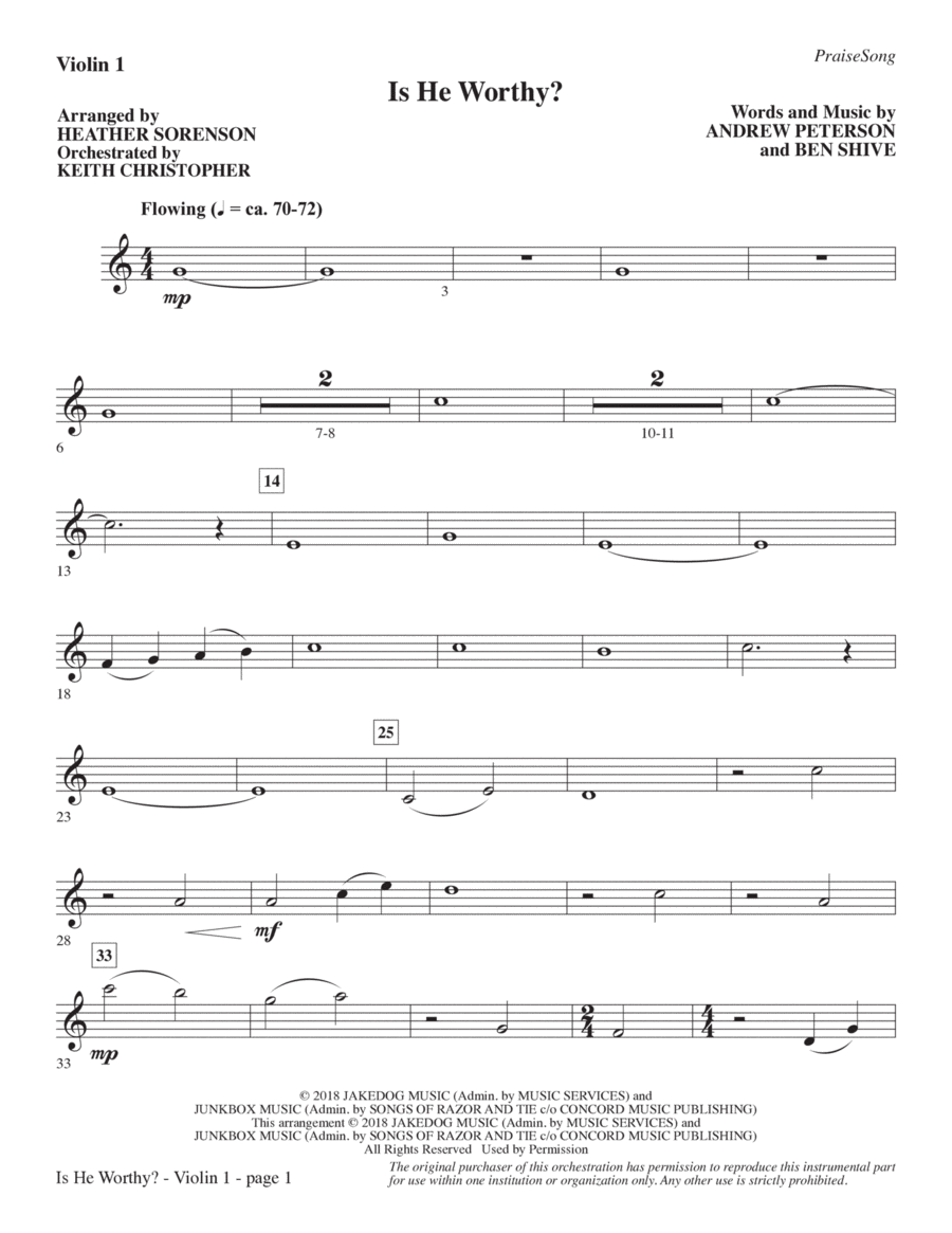 Is He Worthy? (Chamber Orchestra) (arr. Heather Sorenson) - Violin 1 Chamber Orchestra scores gallery preview page 1