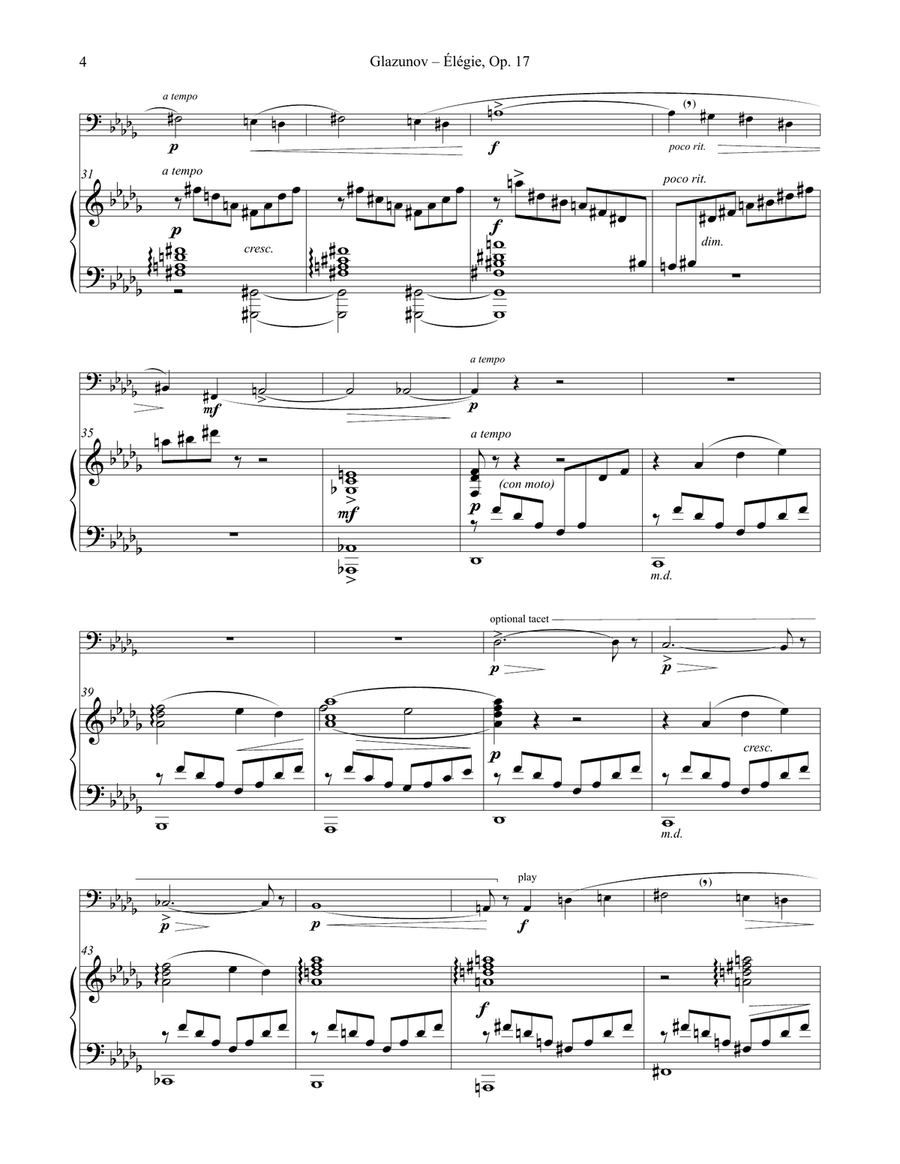 Élégie Opus 17 for Tuba or Bass Trombone & Piano Bass Trombone scores gallery preview page 4