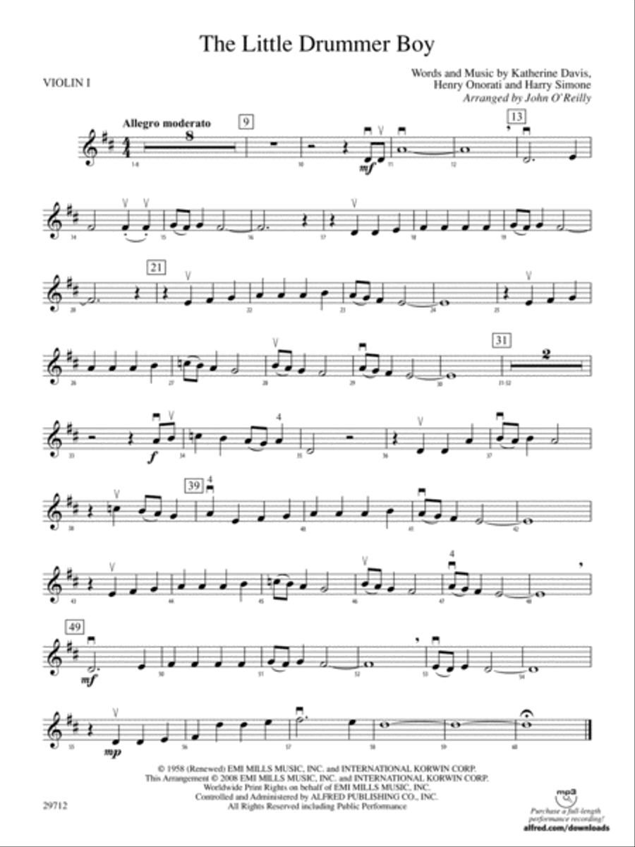 The Little Drummer Boy: 1st Violin String Orchestra scores gallery preview page 1