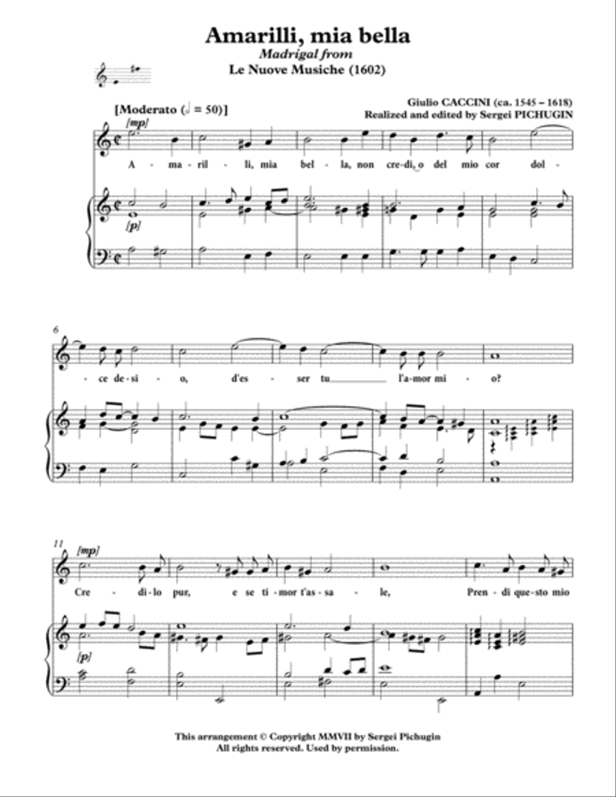 CACCINI Giulio: Amarilli, mia bella, aria, arranged for Voice and Piano (A minor) Small Ensemble scores gallery preview page 3